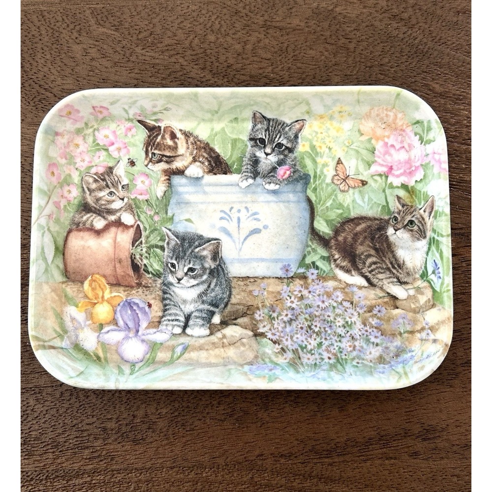 Vintage 80's Kittens Flowers Butterflies Trinket Tray Melamine Rudy Nappi Italy